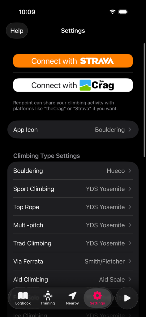 Redpoint: Bouldering, Climbing - Settings screen of the Redpoint climbing app showing options to connect with Strava and customize climbing grade systems.