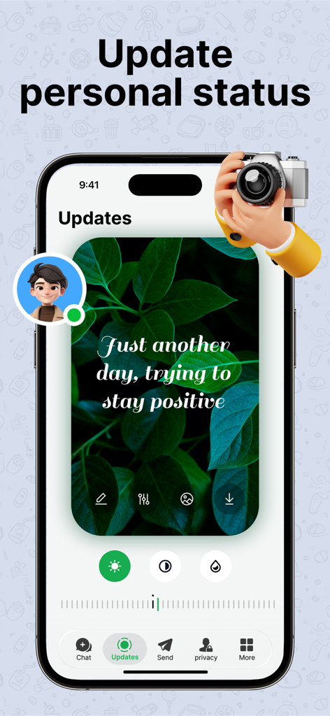 Dual Web Chat WAPP - Interfaz de Dual Web Chat WAPP mostrando una pantalla de actualización de estado personal con herramientas de edición y un fondo de foto de naturaleza