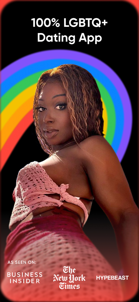 Taimi LGBTQ plus dating app promotional screen with rainbow background and media logos