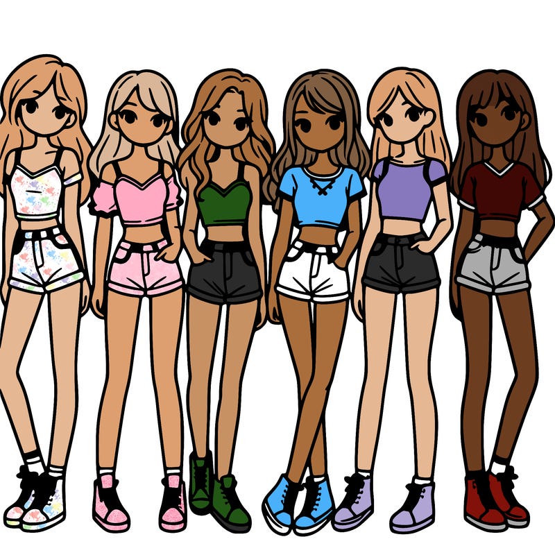 a group of girls wearing crop tops and shorts