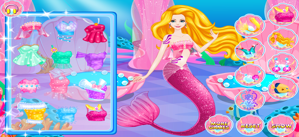 Mermaid Games, Dressing & Hair - A blonde mermaid character being dressed up in a colorful underwater salon with various glittery tops and fashion accessories.