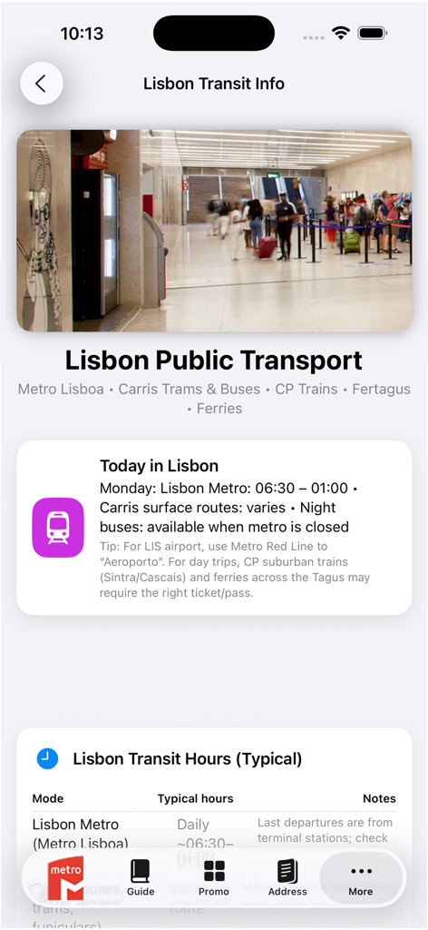 リスボンの公共交通機関情報（地下鉄の営業時間や旅行のヒントなど）を表示する画面。