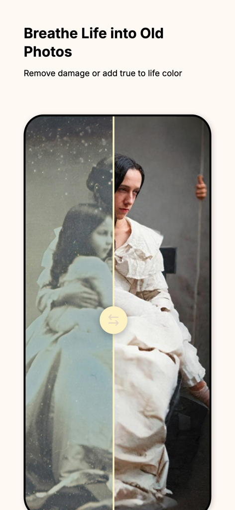 Family Photo Restore - Una comparación del antes y después de una foto antigua dañada siendo restaurada y coloreada por la aplicación.