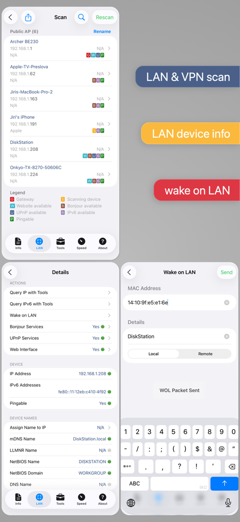 Network Analyzer Pro screenshots showing LAN scanning list, device details with IP and NetBIOS, and the Wake on LAN interface.
