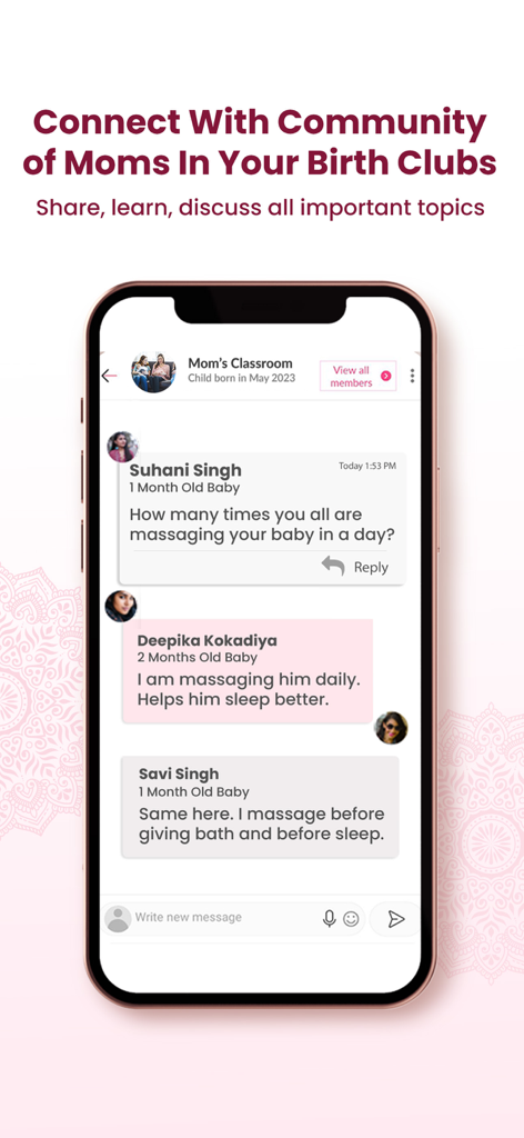 Healofy -Pregnancy & Parenting - Healofy app interface showing a birth club chat where Indian mothers discuss baby care tips