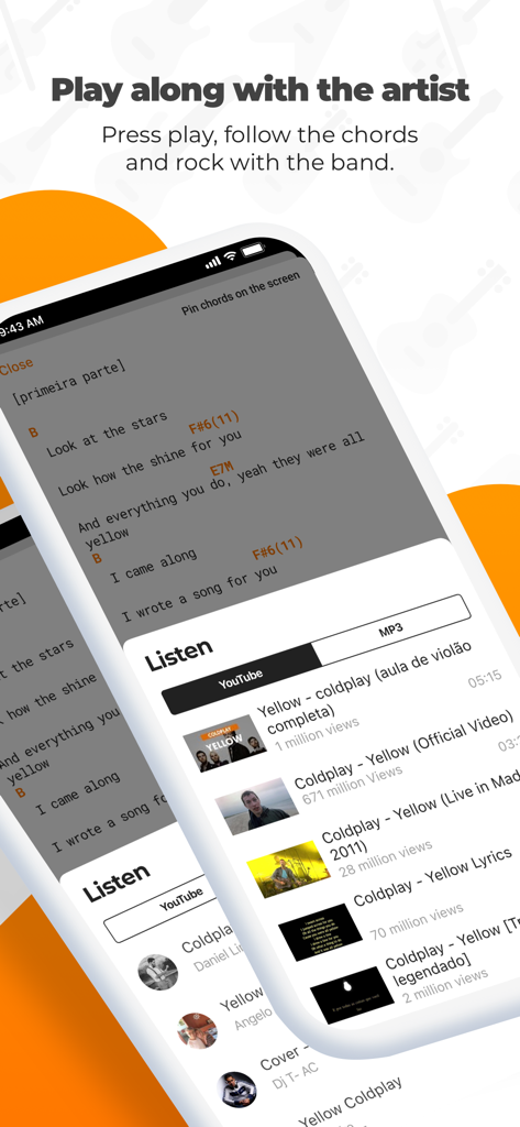 Schermata dello smartphone che mostra accordi di chitarra e testi per una canzone nell'app musicale Cifra Club