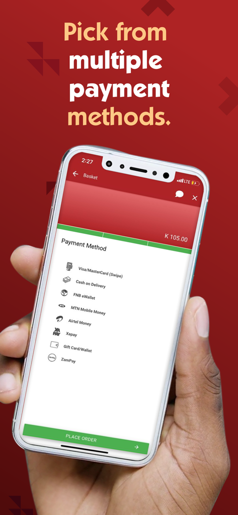 AfriDelivery - AfriDelivery mobile app checkout screen showing multiple payment options including mobile money and cash on delivery