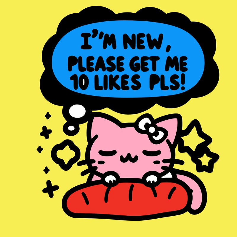 kitty taking a nap dream talking and saying "i'm new, please get me at least 10 likes pls!!"