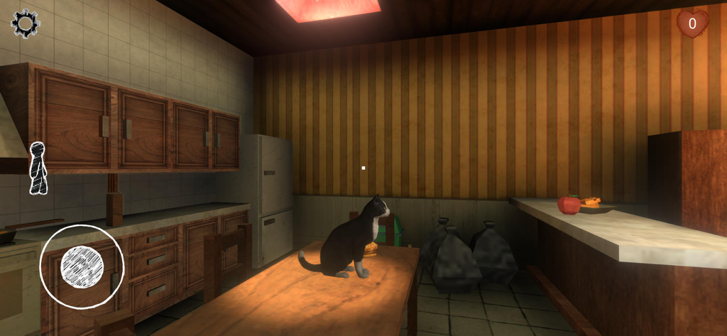 Un gato blanco y negro sentado en una mesa en una cocina dentro del juego de terror Cat Fred