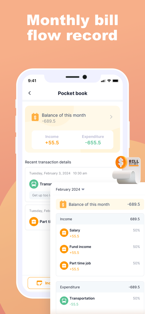 Echo Diary - Wallpaper & List - Una captura de pantalla de la aplicación Echo Diary que muestra un registro de flujo de facturas mensuales con detalles de ingresos y gastos.
