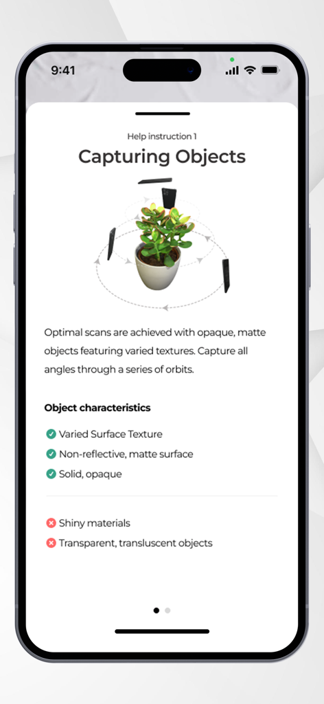ARLOOPA 3D Object Scanner - Tela de ajuda mostrando instruções para capturar objetos com o scanner 3D ARLOOPA