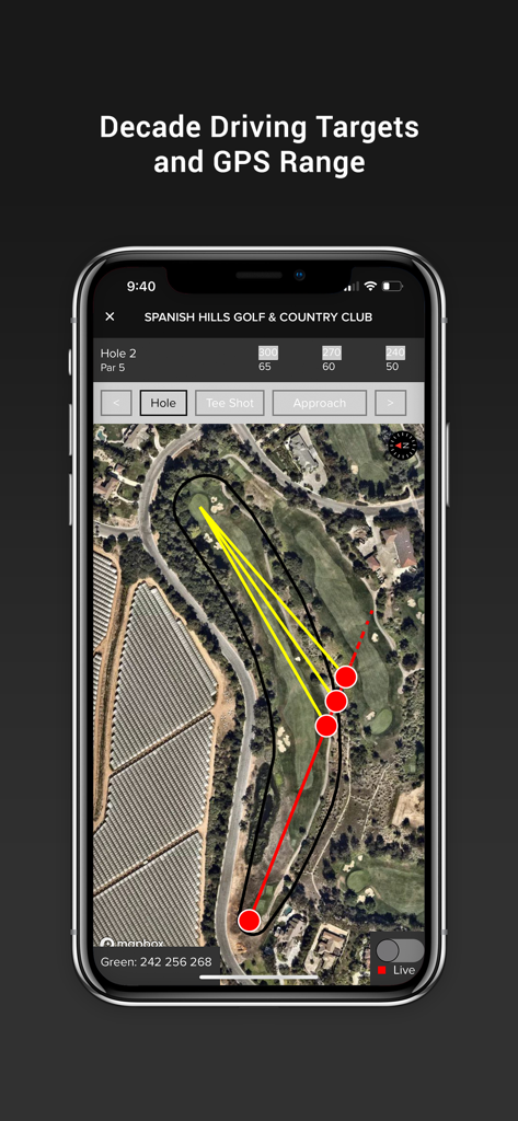 Die Benutzeroberfläche der DECADE Golf-App zeigt Drive-Ziele und GPS-Entfernungen auf einer Golfplatzkarte an