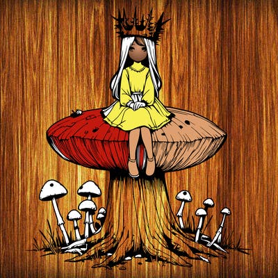 realistic girl sitting on a huge tree stump size toadstool with thorn crown