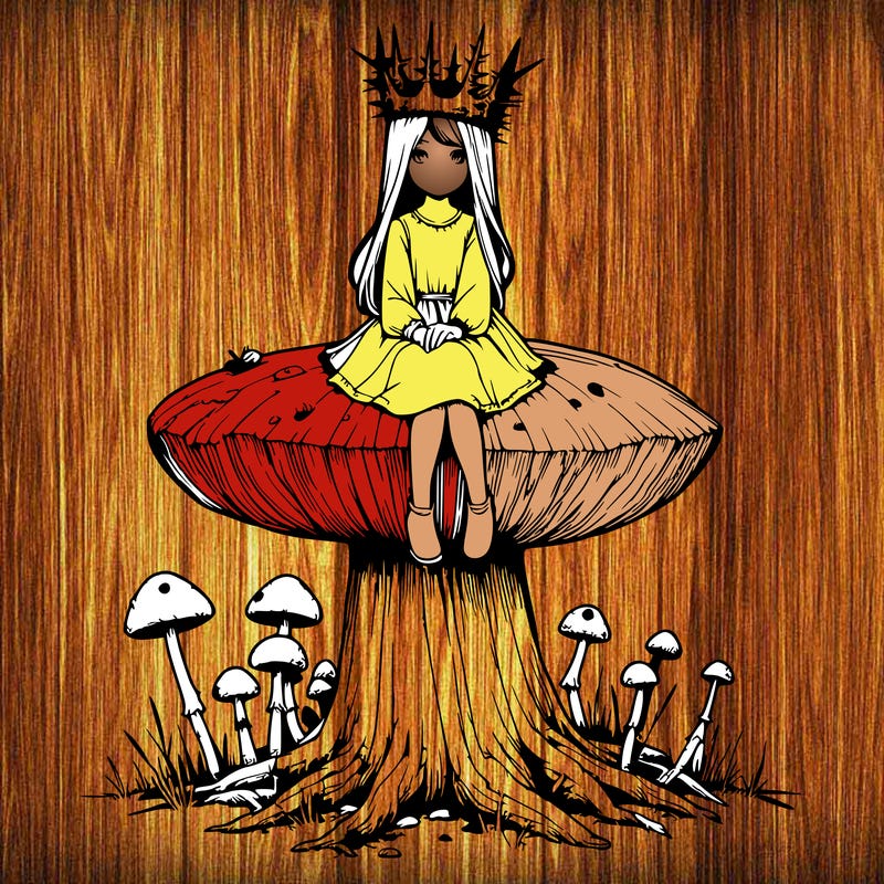 realistic girl sitting on a huge tree stump size toadstool with thorn crown