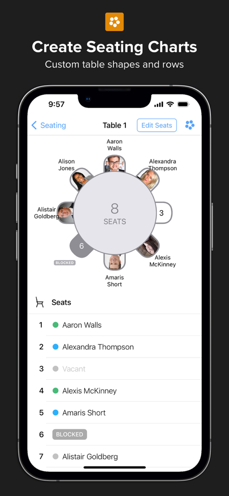 Events & Guest Lists | Diobox - Interface do aplicativo Diobox para criar mapas de assentos de eventos personalizados com lista de convidados atribuída.
