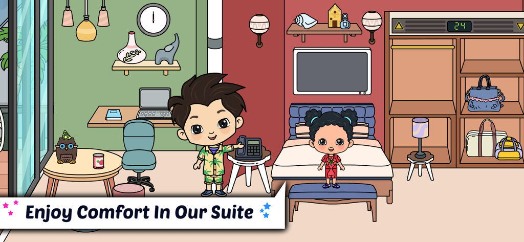 Zwei Charaktere in einer dekorierten Luxus-Hotel-Suite mit Bett und Schreibtisch in Tizi Home Design