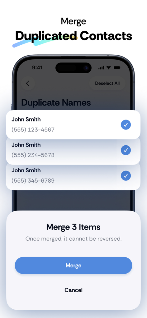 Expert Cleaner - Clean Storage - Expert Cleaner app interface showing the feature to merge duplicated contacts on an iPhone