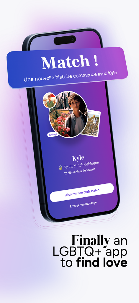 Reveeld - Dating LGBTQ+ - Pantalla de pareja de la aplicación de citas LGBTQ+ Reveeld que muestra un perfil desbloqueado para un usuario llamado Kyle
