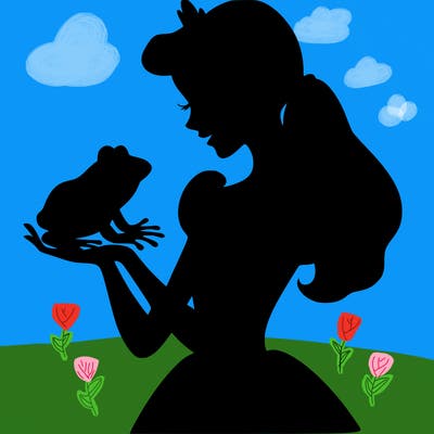 a shadow of a princess holding a frog realistic