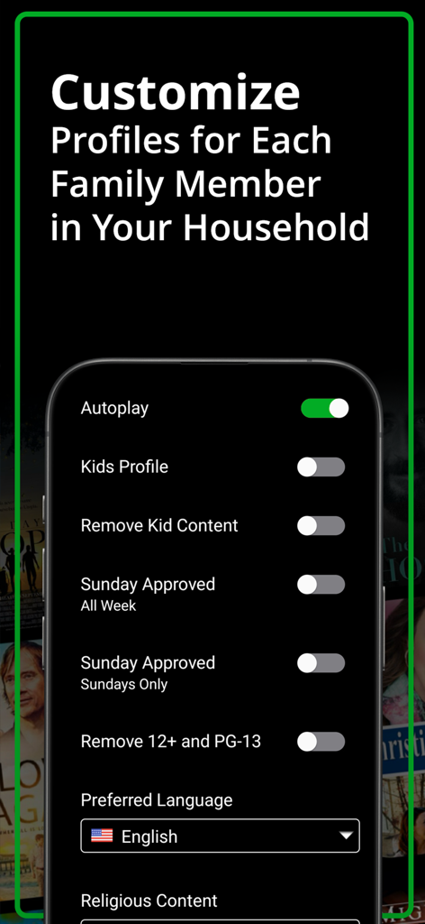 Living Scriptures app profile customization screen with family-friendly content filters