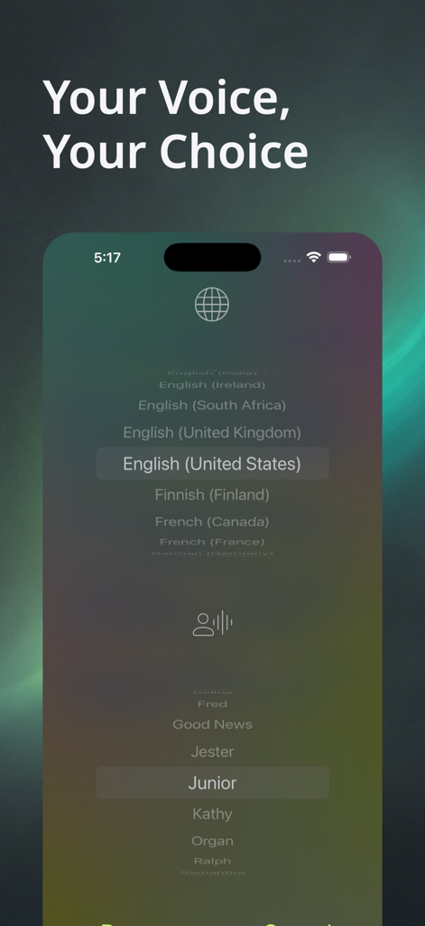 Aloud!, text to speech reader - Language and voice selection interface in Aloud text to speech reader showing English United States and Junior voice options