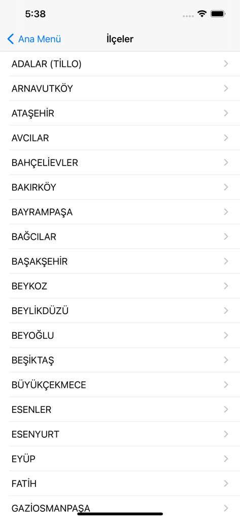 List of Istanbul districts for appointment selection in the IU-Cerrahpasa mobile app