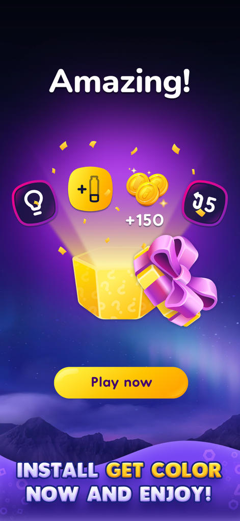 Water Sort Puzzle: Get Color - A reward screen in Water Sort Puzzle Get Color showing a gift box with gold coins and game power-ups.