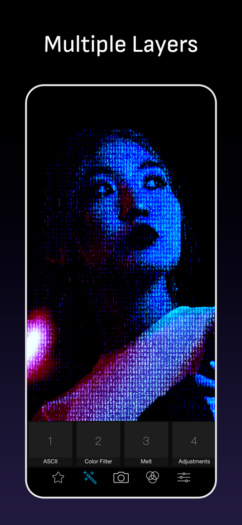 Glitch Art Studio: Cam Effects - Interfaz de la aplicación Glitch Art Studio que muestra múltiples capas de edición como ASCII y Melt en un retrato