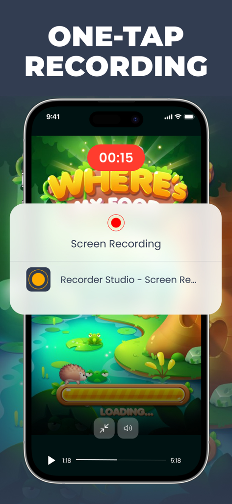 The screen & video recorder HQ - One-tap screen recording interface active over a mobile game on iPhone.