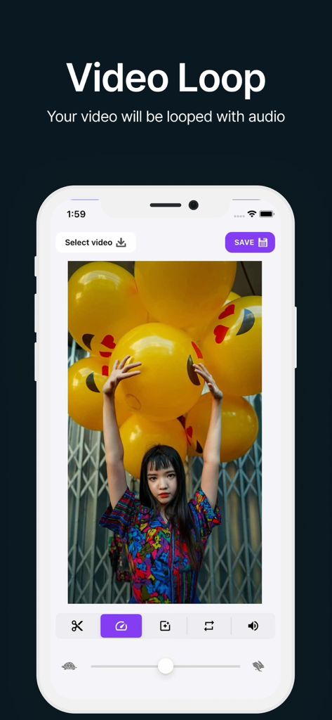 Interface of the Boomerang Video Loop Maker app showing a video of a woman with balloons being edited for a loop.