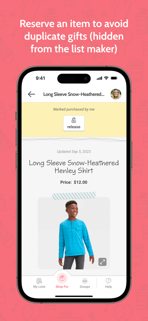 Giftster - Wish List Registry - Giftster app screen showing a reserved item on a wish list to prevent duplicate gifting