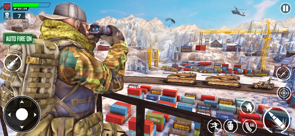 Trigger Fist Gun Shooting Game - Tactical commando scouting a snowy industrial war zone with tanks and shipping containers in Trigger Fist Gun Shooting Game