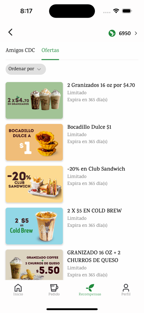 Anzeige von Lebensmittel- und Getränkeangeboten sowie Treueprämien in der Casa del Cafe mobilen App