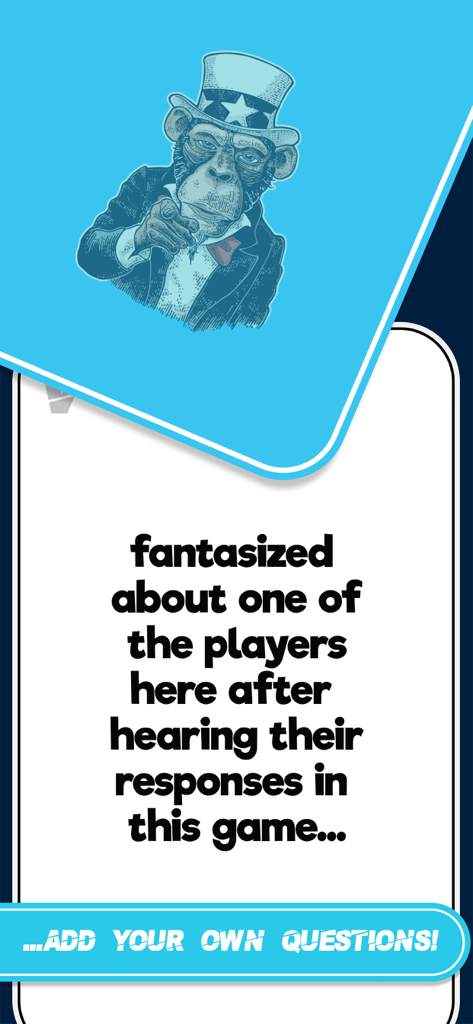 I Have Never: Party Game - Carta del gioco I Have Never con una domanda provocatoria e un pulsante per aggiungere le proprie domande