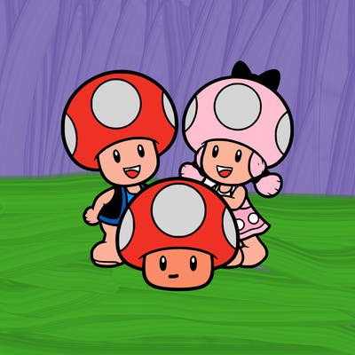 toad and toadette from mario and the super mushroom from mario