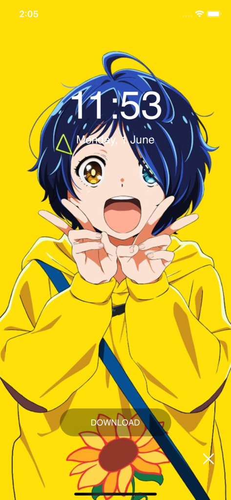 A high definition anime girl with blue hair and yellow hoodie featured on a mobile lock screen