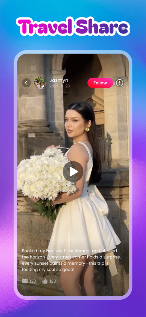 Kiso - Kiso app travel share screen showing a user post with a video of a woman holding white flowers and a travel caption