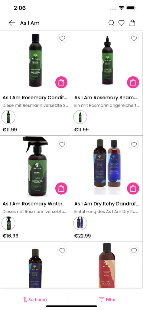 Produktliste von As I Am Rosmarin-Shampoo und -Conditioner in der mobilen GT World of Beauty App.