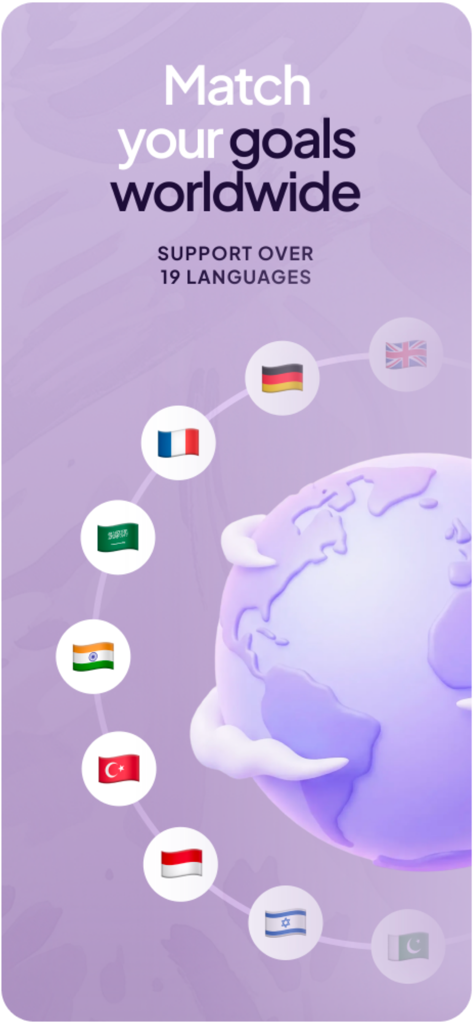 Accord app interface showing a 3D globe and international flags representing worldwide matching and support for over 19 languages.