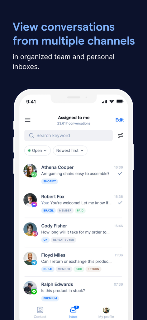 SleekFlow mobile app interface showing a unified inbox with customer conversations from multiple messaging channels.