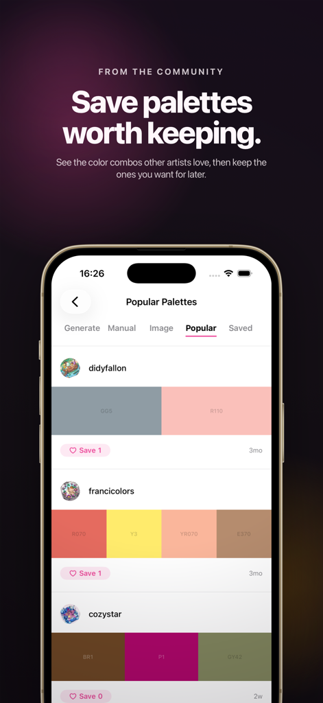 Screenshot of the Colora app showing popular Ohuhu marker color palettes shared by the community.