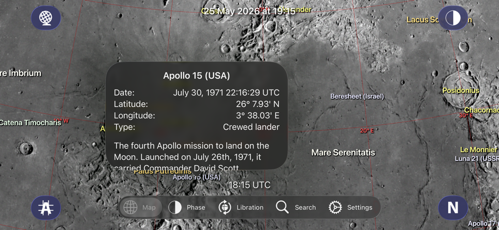 Moon Atlas - ムーンアトラスアプリの月面にあるアポロ15号ミッションの詳細。