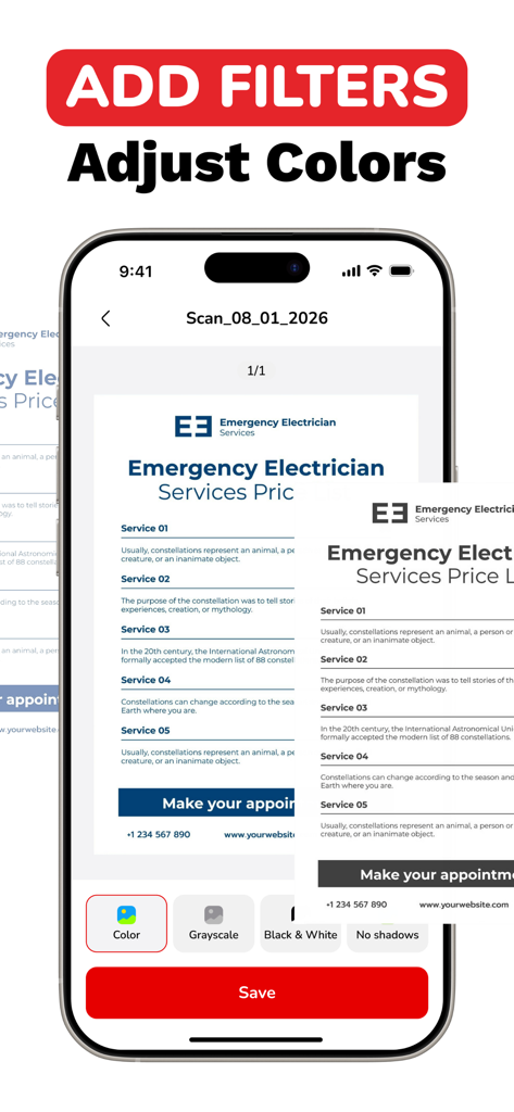 회색조 및 흑백과 같은 옵션을 사용하여 스캔된 문서 모양을 조정하고 색상 필터를 추가하는 PDF Star 앱 인터페이스를 보여주는 iPhone 화면