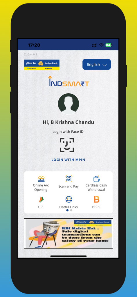 IndSMART IndianBank Mobile App - Interfaccia di accesso dell'app mobile IndSMART che mostra l'autenticazione Face ID e collegamenti rapidi per UPI e BBPS