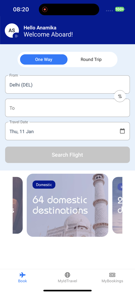 Flight search interface of the 6E Breez Lite app for IndiGo staff leisure travel.