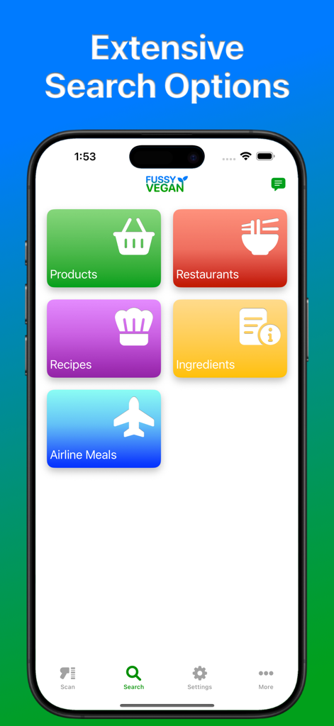 Fussy Vegan Pro - Fussy Vegan Pro app search screen with icons for products restaurants recipes ingredients and airline meals
