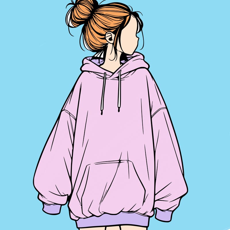 realistic girl with a oversized sweatshirt on and a bun