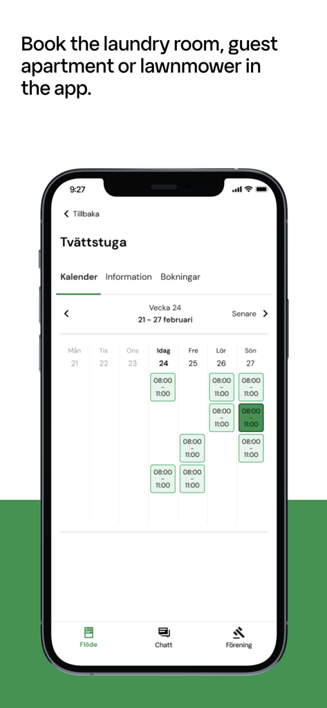 Boappa - Una interfaz móvil de la aplicación Boappa que muestra un calendario semanal para reservar servicios residenciales como una lavandería.