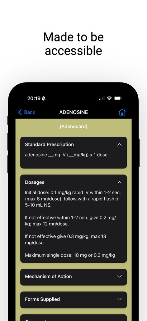 PedMed - PedMed app interface showing pediatric drug dosage for Adenosine