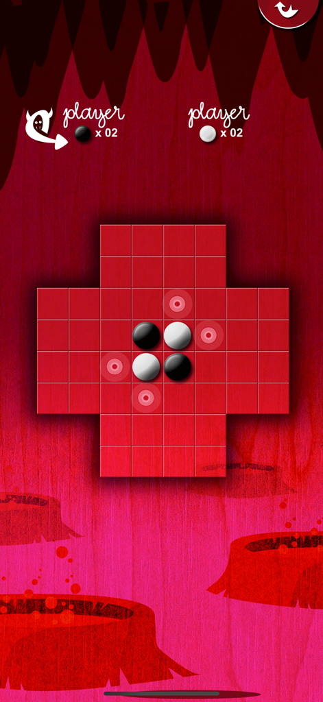 Reversi for Kids - Pantalla de juego de Reversi para Niños que muestra un tablero de juego rojo en forma de cruz con piezas blancas y negras